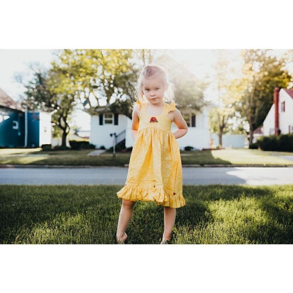 Handmade Boutique Childs Belle Yellow Marbled Sweetheart Bodice Embroidered Rose